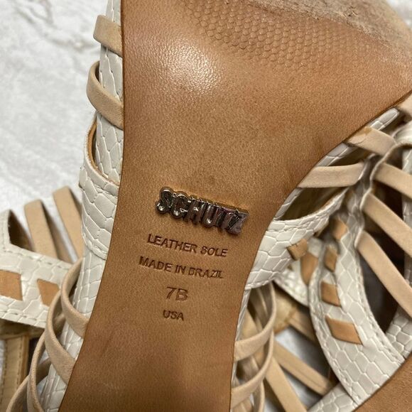 SCHUTZ Snake Print Caged High Heels Leather Sole White Tan Open Toe Ankle Strap - Picture 15 of 16